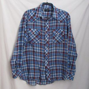 Mens' Wrangler Red White Blue Plaid Pearl Snap Western Shirt Size Large w/ Flaw